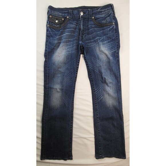 True Religion Jeans Mens 36x30 Straight With Black Leather Pocket Flaps - Picture 1 of 14